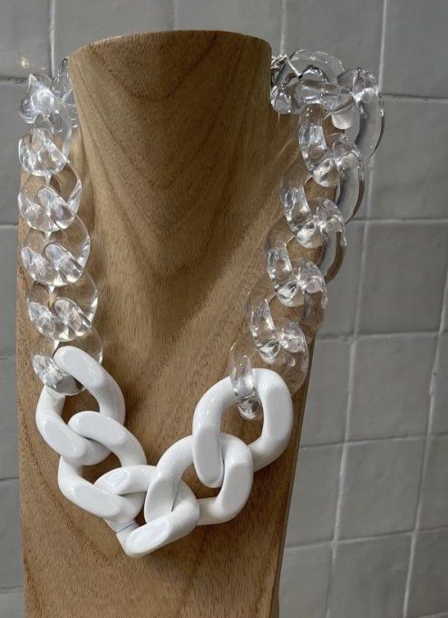 COLLIER MAILLONS CARRÉS TRANSPARENTS ET BLANC - FRANCINE BRAMLI 