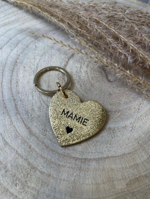 PORTE-CLÉS CUIR COEUR « MAMIE » GOLD BRILLANT