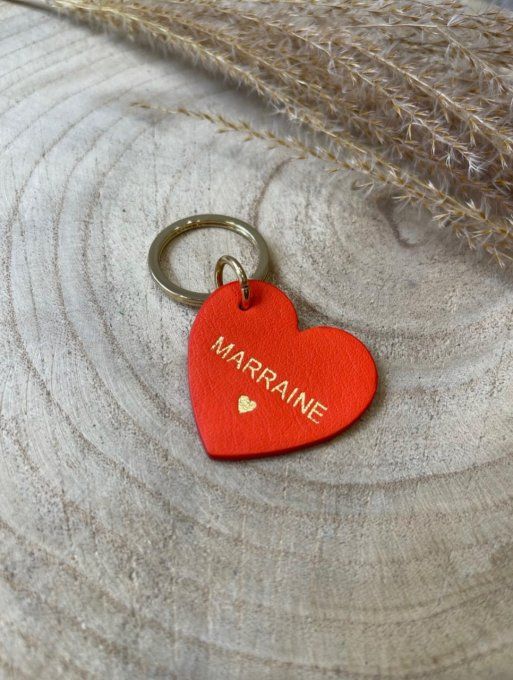 PORTE-CLÉS CUIR COEUR « MARRAINE » CORAIL 