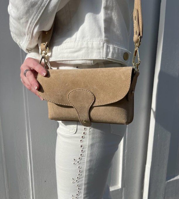 SAC BANDOULIERE AMOVIBLE CUIR EFFET DAIM TAUPE