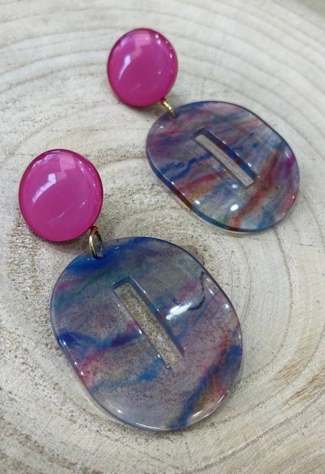 BO PERCÉES POPY TRANSLUCIDES MARBRÉS BLEUS, FUSCHIA, VERT ET CABOCHON FUSCHIA - FRANCINE BRAMLI